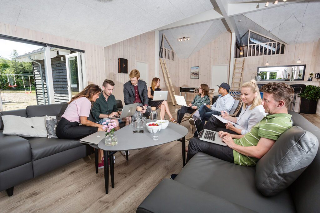 Projektor og lærred i sommerhuset