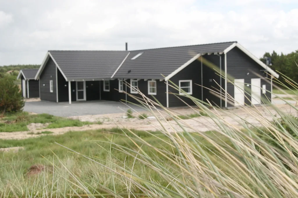 sommerhus med græs og marehalm i fokus i forgrunden