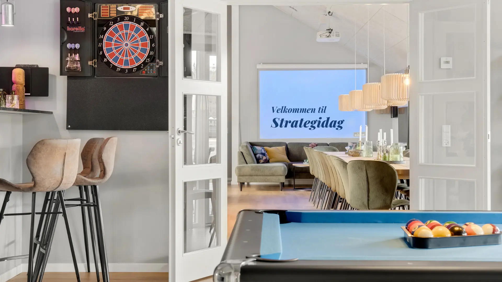 Luksus-sommerhus indefra i stue/opholdsrum foran poolbord og dartskive samt lærred med teksten Velkommen til strategidag