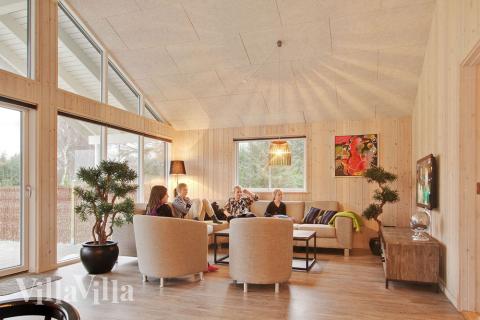 Sofagruppen er indrettet med komfortable møbler, brændeovn og fladskærms-tv