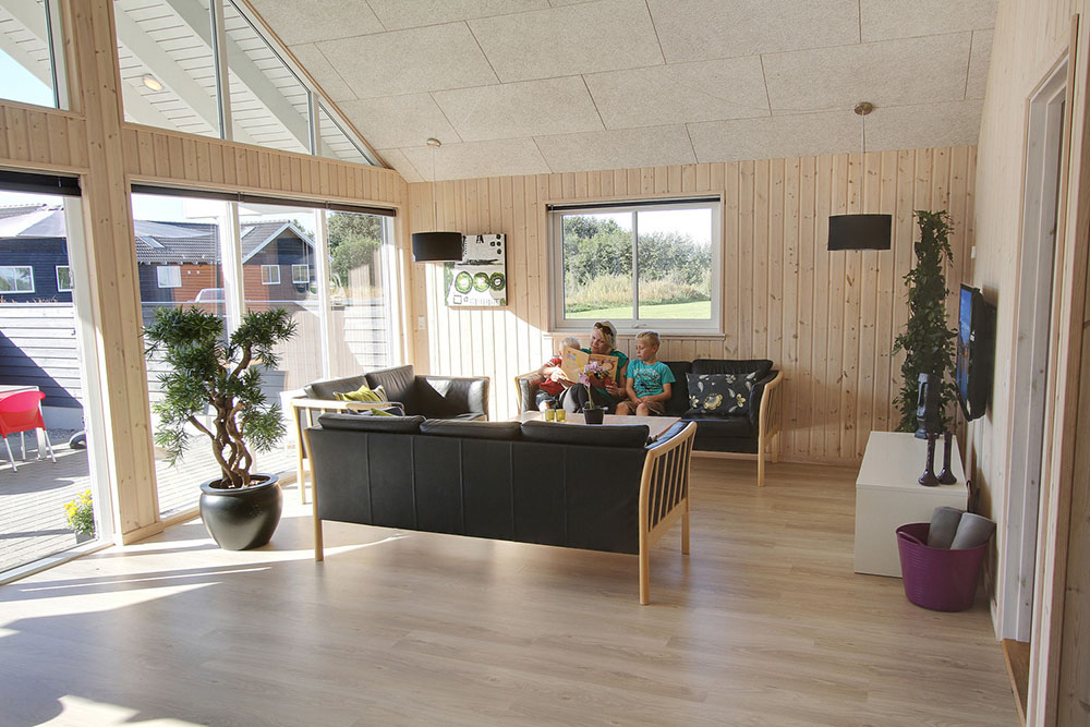 Stuen er hyggelgt indrettet med sofaer og brændeovn, som kan give lidt ekstra hygge og varme på en kølig dag