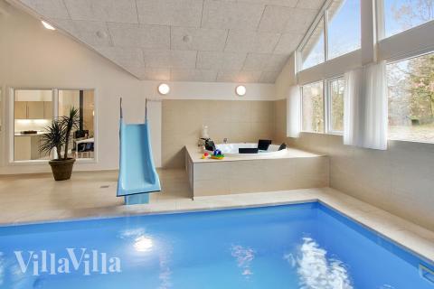 Både store og små vandhunde kan boltre sig i timevis i husets store pool med modstrømsanlæg og vandrutsjebane