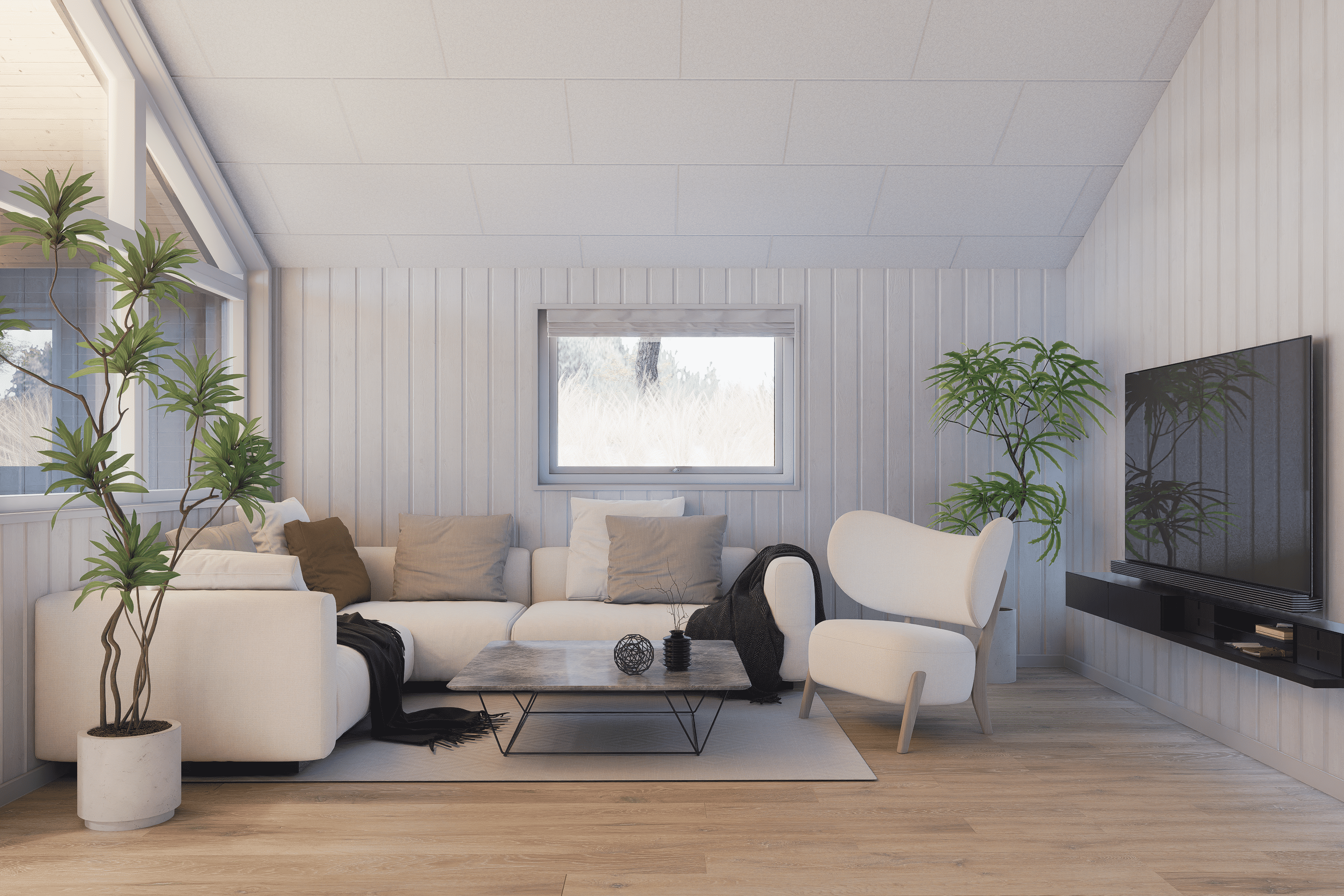 Sofaen i luksushus 931 i Østjylland indbyder til brætspil eller at se en film sammen.