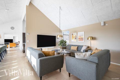 Sofaen i luksushus 901 i Fyn og øer indbyder til brætspil eller at se en film sammen.