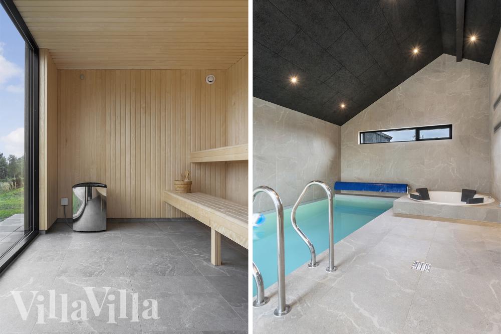 Sommerhus 995 er indrettet med en lækker poolafdeling med vandrutsjebane, dejlig stor indbygget spabad og sauna